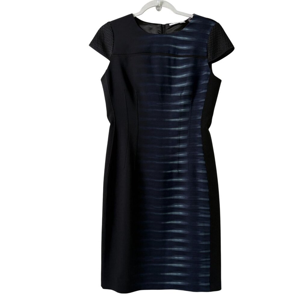 T Tahari Sheath Dress Womens‎ 6 Black Blue Ombre Stripe Mesh Cap Sleeves